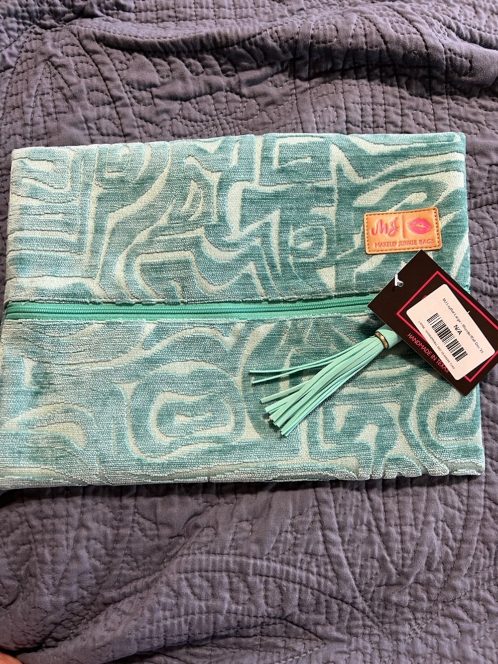 Makeup Junkie Handmade Aqua Teal Textured Cosmetic Pouch with Tassel